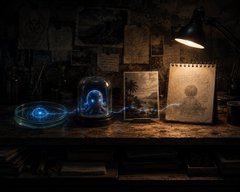 Atmospheric dark scene of a wooden desk with arcane items: glowing blue orbs, a potion bottle, photos, and parchment under a lamp.