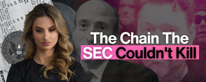 A YouTube thumbnail featuring a blonde woman in front of an SEC seal and government officials, with text reading 'The Chain The SEC Couldn't Kill'.