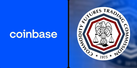 The image features the Coinbase logo alongside the seal of the Commodity Futures Trading Commission (CFTC), illustrating the regulatory milestone where the CFTC approved Coinbase Clearing as the first USDC-native clearinghouse for fully collateralized futures, options on futures, and swaps with 24/7 settlement.