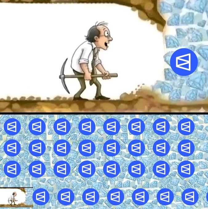 A cartoon image showing a man with a pickaxe mining, contrasted with a grid of GMX cryptocurrency logos below, illustrating the post's metaphor about being either the miner or the one being mined on Polymarket.