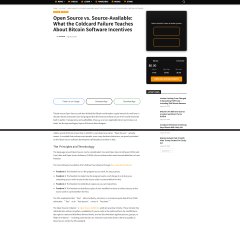 A webpage article titled 'Open Source vs. Source-Available: What the Contrast Below Twelves About Bitcoin Software Incentives' with accompanying screenshots of software interfaces.
