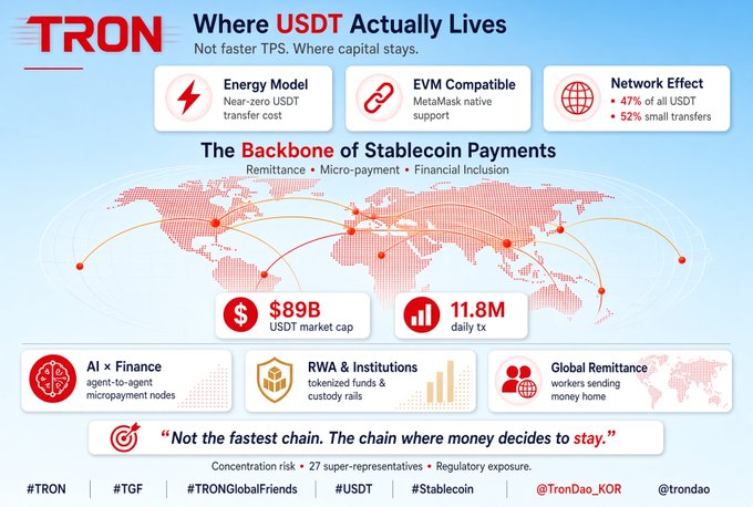 An infographic titled "TRON: Where USDT Actually Lives," highlighting its role as "The Backbone of Stablecoin Payments" with stats including an $89B USDT market cap and 11.8M daily tx, while noting "Concentration risk • 27 super-representatives • Regulatory exposure."