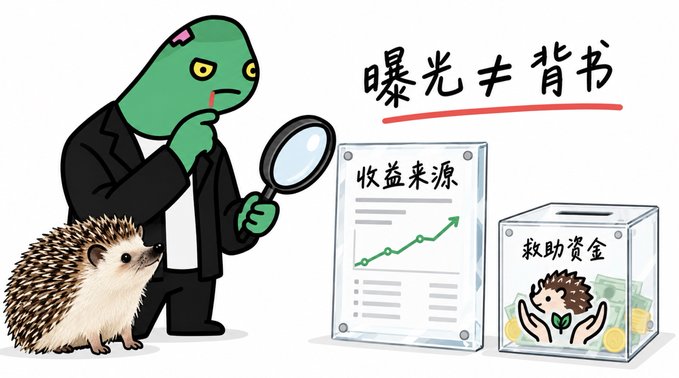 A cartoon illustration features a green lizard character in a suit holding a magnifying glass, standing next to a hedgehog, a chart titled '收益来源' (Source of Income), and a donation box labeled '救助资金' (Rescue Funds), with Chinese text reading '曝光 ≠ 背书' (Exposure ≠ Endorsement).