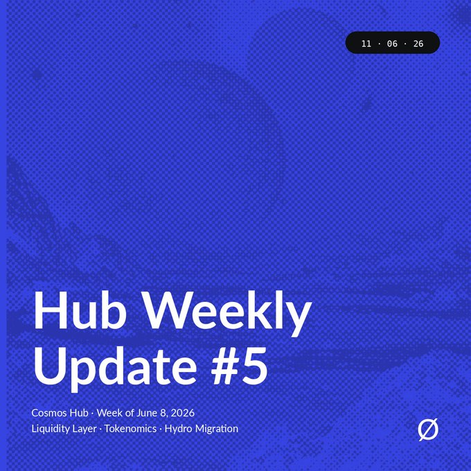 The image features a blue background with white text that reads "Hub Weekly Update #5" at the top, followed by a list of updates related to the hub's liquidity layer, tokenomics data, and hydro migration. The text also includes a link to the full report on the post.
