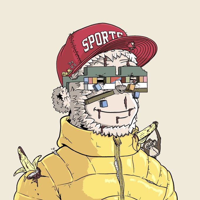 A digital illustration of a cartoon monkey wearing pixelated sunglasses and a red 'SPORTS' cap, dressed in a yellow puffer jacket with bananas nearby.