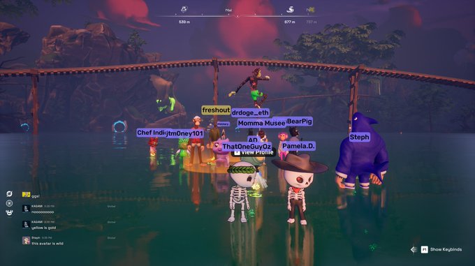 A video game scene showing players with names like 'fresho', 'drdoge_eth', 'Momma Musee', 'BearPig', 'Chef Indijtm0ney101', 'ThatOneGuy02', 'Pamela.D.', and 'Steph' standing near a wooden bridge over water at sunset.
