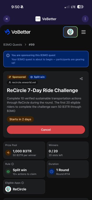 A mobile app screenshot showing 'VeBetter' and a 'ReCircle 7-Day Ride Challenge' B3MO Quest with a 1,000 B3TR prize pool, 0/20 winners, and a 'Start in 2 days' countdown.