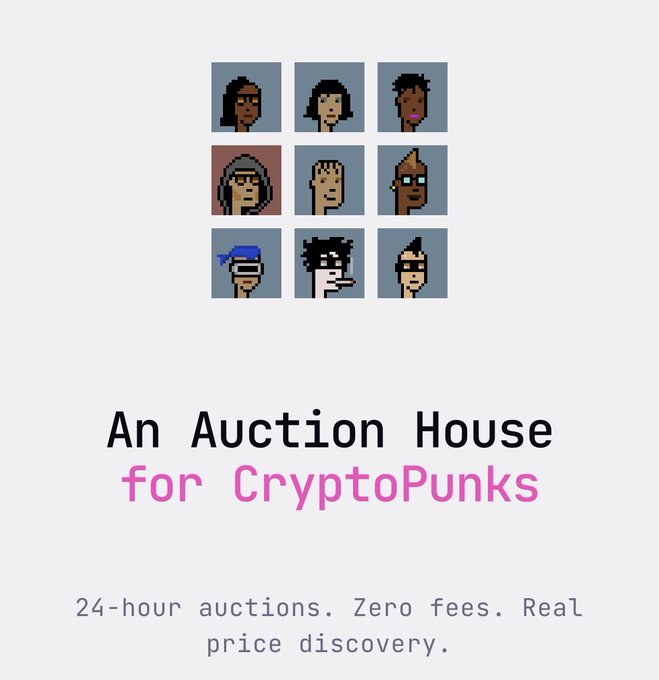 The image shows an advertisement for an auction house that specializes in selling items related to the cryptocurrency market, specifically focusing on "crypto punks". The advertisement highlights the various items available for sale, such as cryptocurrency coins, virtual reality experiences, and digital art pieces, all of which are intended to cater to the interests of the niche market. The post emphasizes a 24-hour auction process, free fees, and real pricing discovery for all offers. The image seems to attract attention due to its unique content and style compared to other advertisements.