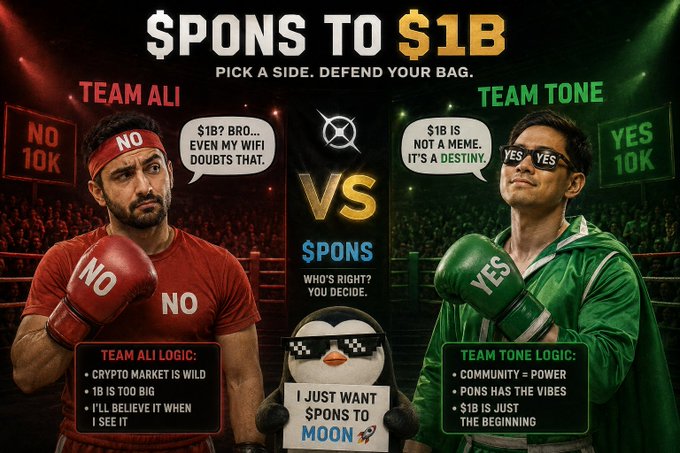 A meme-style graphic titled "$PONS TO $1B: PICK A SIDE. DEFEND YOUR BAG" showing a boxing match between "TEAM ALI" (No, red) and "TEAM TONE" (Yes, green), with a penguin mascot in the center saying "I JUST WANT $PONS TO MOON."