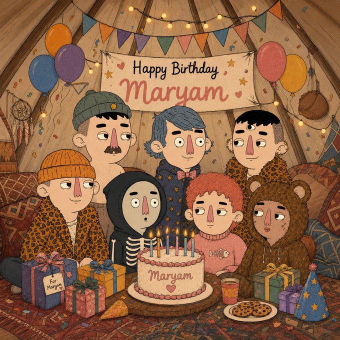 A whimsical illustrated birthday scene with a 'Happy Birthday Maryam' banner, featuring seven cartoon characters gathered around a birthday cake with lit candles, surrounded by gifts, balloons, and party decorations.