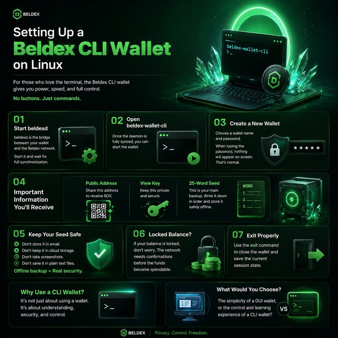 An infographic titled 'Setting Up a Beldex CLI Wallet on Linux' with 7 steps explaining how to install, secure, and use the command-line wallet.