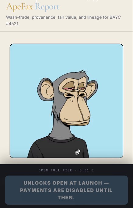 An 'ApeFax Report' mobile interface displays a cartoon illustration of a Bored Ape character, offering a wash-trade, provenance, fair value, and lineage report for BAYC #4521 for 0.01 ETH.