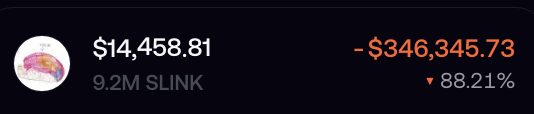 A dark interface displays a cryptocurrency position showing $14,458.81 (9.2M $LINK) with an unrealized loss of -$346,345.73, representing an 88.21% decline.