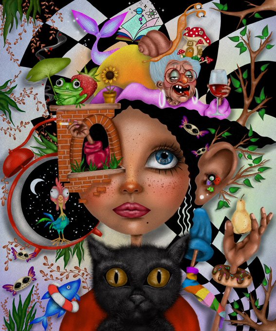A surreal digital artwork featuring a woman's face merged with a black cat's head, surrounded by whimsical elements including a brick fireplace, frog, snail, mushrooms, and fantasy creatures against a checkered background.