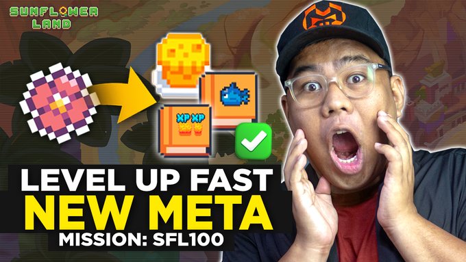 A YouTuber wearing a black cap and glasses reacts with a shocked expression, mouth wide open, alongside pixel art icons showing a sunflower seed, cheese, blue fish, and "XP XP" badge with a green checkmark. Text overlays read "SUNFLOWER LAND," "LEVEL UP FAST NEW META," and "MISSION: SFL100," promoting a guide on the fastest way to reach level 100 in the Sunflower Land game.
