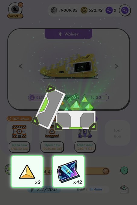 A mobile game screenshot showing a yellow 'Walker' sneaker at Lv 30 with green item rewards including gems and a crystalline card.