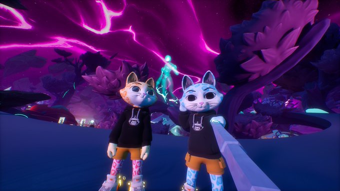 The image features two cartoon cats standing next to each other, both wearing sunglasses and holding a camera. The background of the image shows a purple sky with lightning bolts, creating an atmosphere of excitement or adventure. The caption for the image reads "Thanks to @ClassicsCrypto for the Game Time events today on @OthersideMeta !" which suggests that the cats are participating in a gaming event related to cryptocurrency or virtual reality experiences.