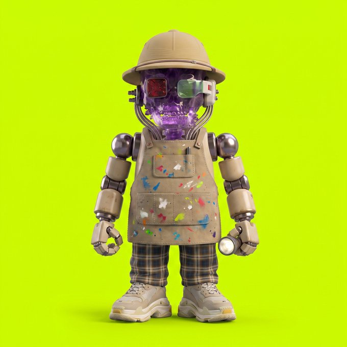 A purple-crystal-headed robot character stands against a neon green background, wearing a tan safari hat, paint-splattered apron, plaid pants, and chunky sneakers, fitting the trendy "drip" aesthetic celebrated in the post congratulating @crypto_czar_eth, @ModeXeth, and @RobinWifHat on their launch and minting success.