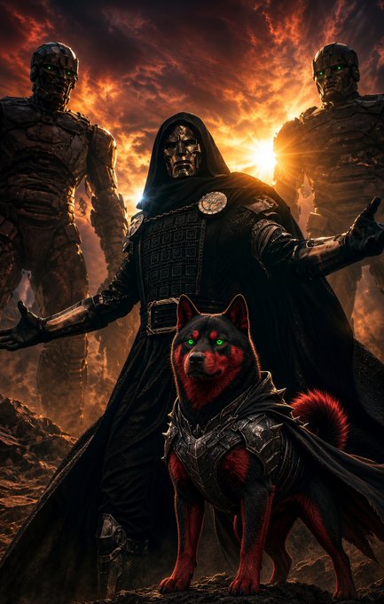 A dark fantasy digital artwork features a hooded skeletal figure in black robes standing with a red-furred dog in armor, flanked by two large robotic figures under a dramatic red sky.