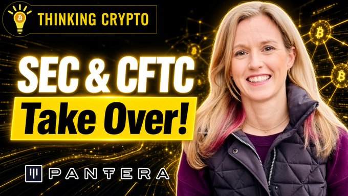A thumbnail for the "Thinking Crypto" YouTube channel features a smiling blonde woman alongside bold text reading "SEC & CFTC Take Over!" with the Pantera logo below, promoting an episode where Pantera Capital's Chief Legal Officer Katrina Paglia discusses crypto regulatory guidance following the failed CLARITY Act vote.