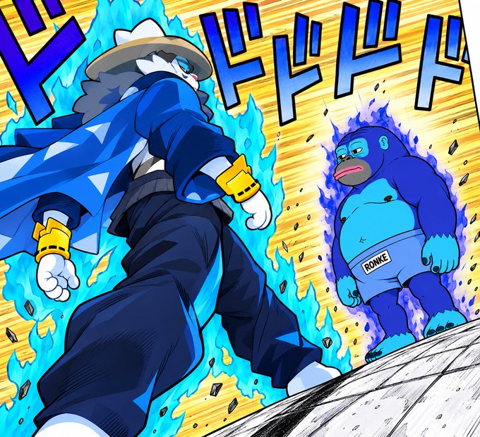 Anime-style illustration showing a character in a blue cloak and hat confronting a blue gorilla wearing shorts labeled 'PONKE' amid blue flames.