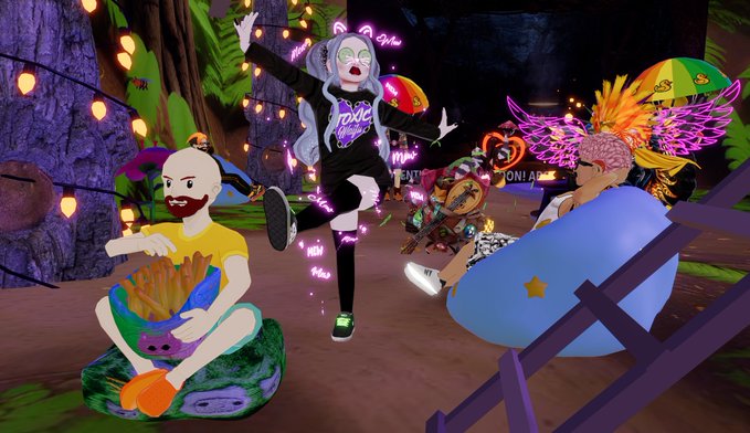 A colorful virtual scene featuring avatars in an outdoor setting, including a character with white hair and wings, another sitting on a frog, and a third on a blue beanbag.