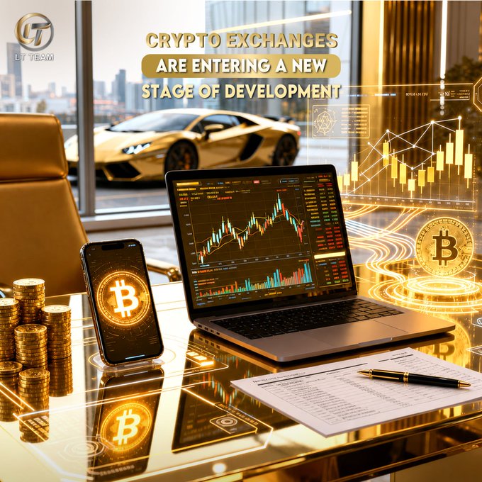 A luxurious office setting features a laptop displaying Bitcoin price charts, a smartphone showing the Bitcoin logo, and stacks of gold coins on a reflective desk, with a sleek sports car visible through the window—visually representing the sophistication and growth of the crypto industry as highlighted in the "LT Team: Crypto Exchanges Are Entering a New Stage of Development" post.