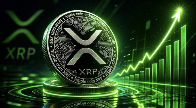 A promotional graphic featuring a large metallic XRP (Ripple coin) displayed against a green-tinted background with an upward-trending bar chart and arrow, symbolizing price growth.