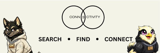 A logo banner featuring two cartoon mascots (a husky and an owl) with 'GM' badges flanking a Venn diagram labeled 'CONN3CTIVITY' and the tagline 'SEARCH • FIND • CONNECT'.