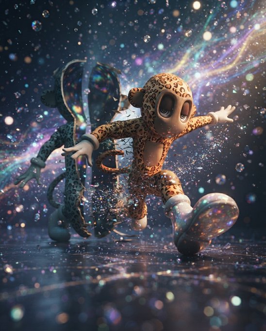 A 3D-rendered leopard-print toy figure with large eyes runs energetically through a cosmic environment filled with bubbles and sparkling particles.