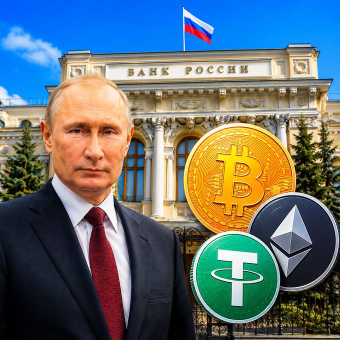 Vladimir Putin stands in front of the Bank of Russia building, with logos for Bitcoin ($BTC), Ethereum ($ETH), and Tether ($USDT) displayed, alluding to the country's central bank proposing a crypto purchase limit for non-qualified investors.