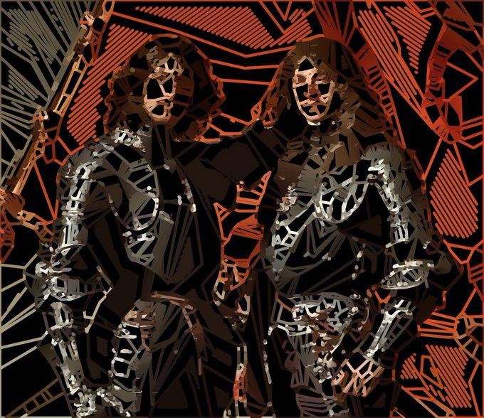 A stylized, geometric, stained-glass-like illustration of two armored fantasy figures against a red and black patterned background.