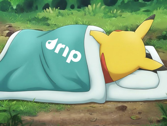 An anime-style illustration of Pikachu sleeping under a teal blanket with the word "drip" printed on it, lying on a pillow in a grassy field.