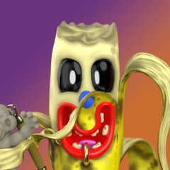 A glitchy, golden banana-like character with exaggerated wide eyes and an open mouth holding a gray banana, set against a vibrant purple-to-orange gradient background. The surreal, meme-style artwork visually embodies the playful "ngmi made it" message celebrating an NFT auction.
