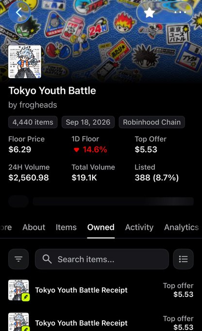 A screenshot of an NFT collection page on OpenSea titled "Tokyo Youth Battle" by frogheads, showing a floor price of $6.29 and listings for "Tokyo Youth Battle Receipt" items.
