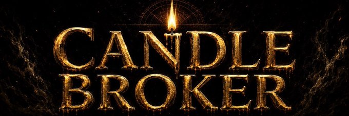 Stylized golden text logo reading 'CANDLE BROKER' set against a dark background with a lit candle flame above the text.