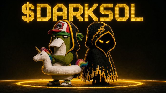 A pixelated artwork displaying "$DARKSOL" in yellow text above two character figures: a green-faced character on a unicorn float and a hooded shadowy figure with glowing yellow eyes.