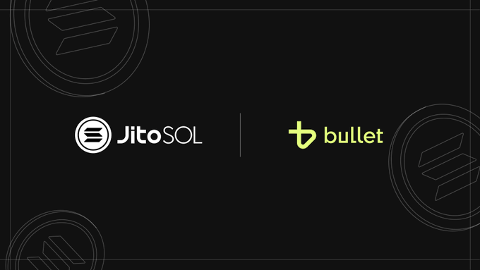 The image is a promotional graphic on a black background featuring the JitoSOL logo on the left and the green Bullet logo on the right, separated by a vertical line. It visually announces the partnership mentioned in the post—that JitoSOL can now be used as collateral for trading on Bullet.