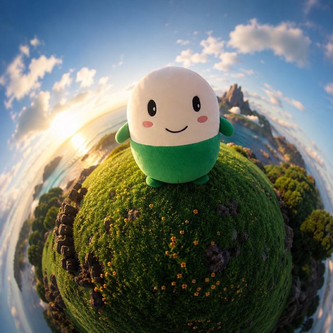 A cute round plush character with a white face and green body stands atop a tiny spherical mossy planet under a sunny sky, capturing the whimsical "Cupsey world order" concept where this adorable mascot reigns over its own miniature globe.