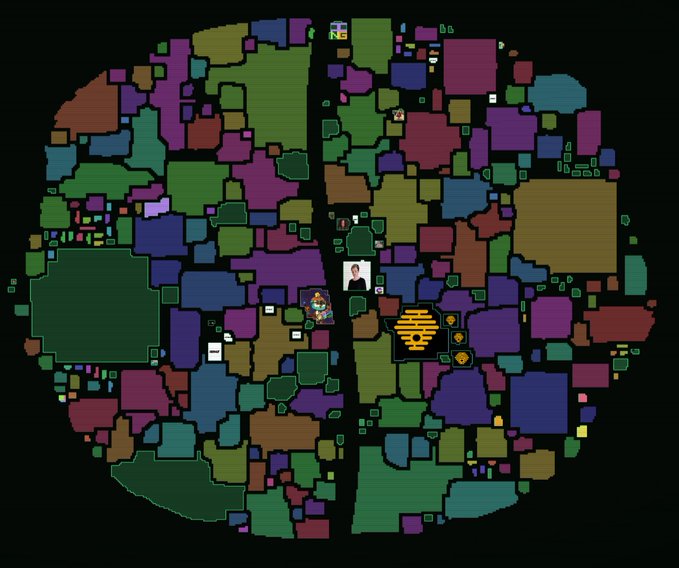 This image depicts a circular mindmap divided into 336 colorful shards, representing the "brain" of an AI agent. Small icons, including what appears to be a portrait and chat bubbles, are scattered throughout, suggesting interactive elements or user contributions to the NFT.