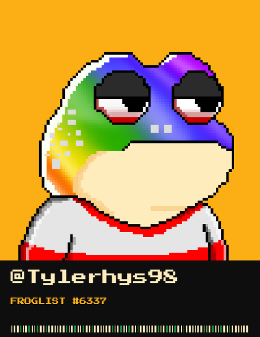 A pixel art character with a large blank face, wearing sunglasses with bloodshot eyes and a colorful gradient cap, with the text "@Tylerhys98", "FROGLIST #6337", and a barcode below.