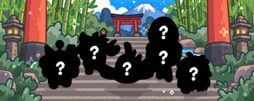 A pixel-art scene shows several black silhouetted figures with white question marks on them, standing on a stone path leading to a red Japanese torii gate in a bamboo forest.