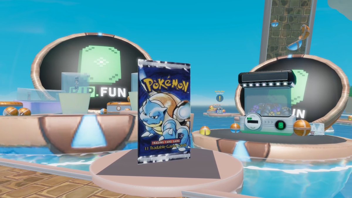 A 3D-rendered virtual environment displaying a Pokémon Trading Card Game booster pack on a pedestal, with a 'RIP.FUN' logo visible in the background.