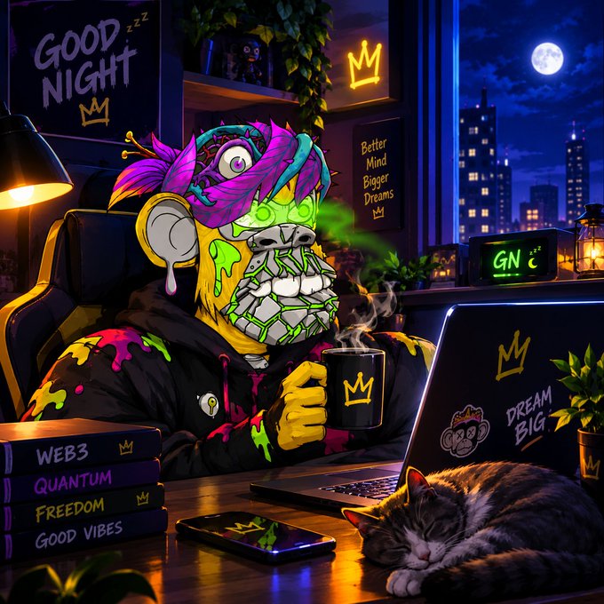 A colorful illustration of a stylized ape character with a graffiti-style face and feathers, sitting at a desk with a laptop, coffee mug, and a sleeping cat. Visible text includes 'GOOD NIGHT', 'Better Mind Bigger Dreams', 'GN', 'DREAM BIG', and books labeled 'WEB3', 'QUANTUM', 'FREEDOM', 'GOOD VIBES'.