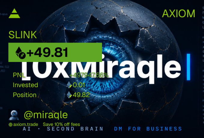 A promotional graphic for 'LuxMiracle' on AXIOM.trade showing a SLINK investment position of +49.81 (+49794736%) PNL, with the handle @miracle and a note to DM for business.