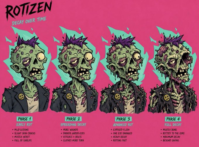 The image features a cartoon depiction of four different types of zombies, each with unique appearances and clothing styles. The first zombie has a green head and white teeth, while the second one has a pink head and black teeth. The third zombie wears a black jacket, and the fourth one is wearing a blue jacket. These four distinct characters are shown in various stages of decay or aging, creating an interesting visual progression that highlights their transformation over time.