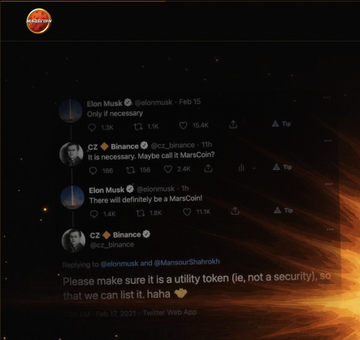 A Twitter/X exchange between Elon Musk and CZ (Binance) where Musk initially says 'Only if necessary' about a MarsCoin listing, Binance clarifies it's a utility token not security, and Musk concludes with 'There will definitely be a MarsCoin!'.