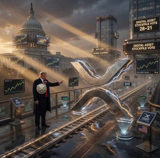 A digital artwork depicting Donald Trump pointing at a large XRP (Ripple) logo sculpture near the U.S. Capitol building, with signs reading "Digital Asset Stockpile Vote" and stock charts in the background.