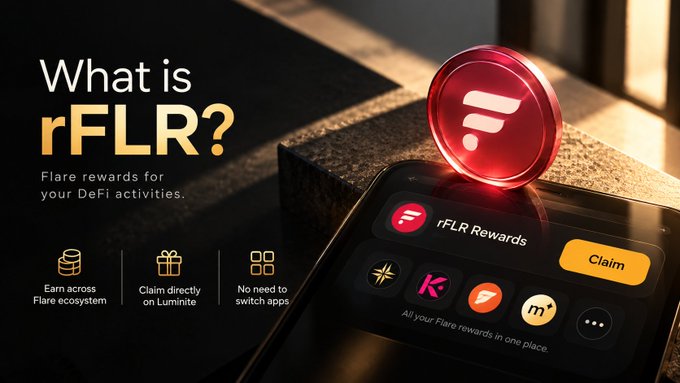 An advertisement for 'rFLR?' describing it as 'Flare rewards for your DeFi activities,' with icons stating 'Earn across Flare ecosystem,' 'Claim directly on Luminsite,' and 'No need to switch apps.'