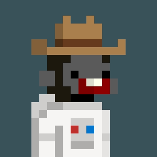Pixel art of a character with a wide-brimmed hat, dark face, red smile, and white coat with red and blue squares, evoking a "sweep" or crypto trader theme tying into the project's reveal announcement.